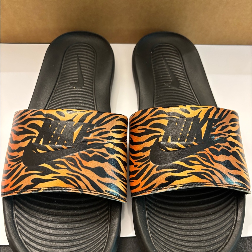Nike Black and Orange Animal Print Slides